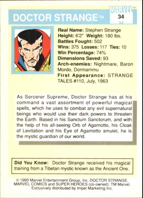 1990 Impel Marvel Universe I #34 Doctor Strange back image