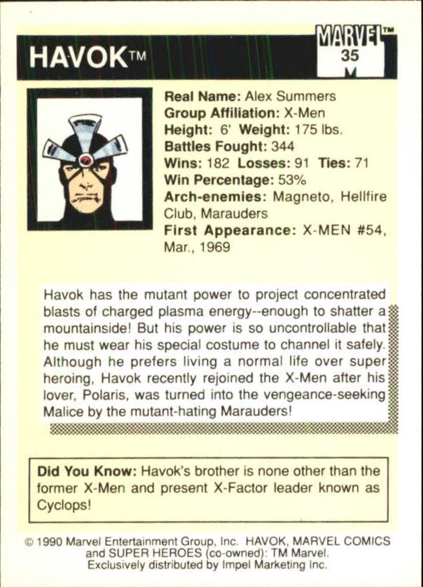 1990 Impel Marvel Universe I #35 Havok back image