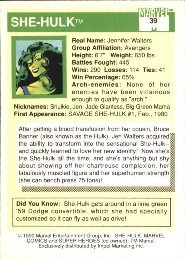 1990 Impel Marvel Universe I #39 She-Hulk back image