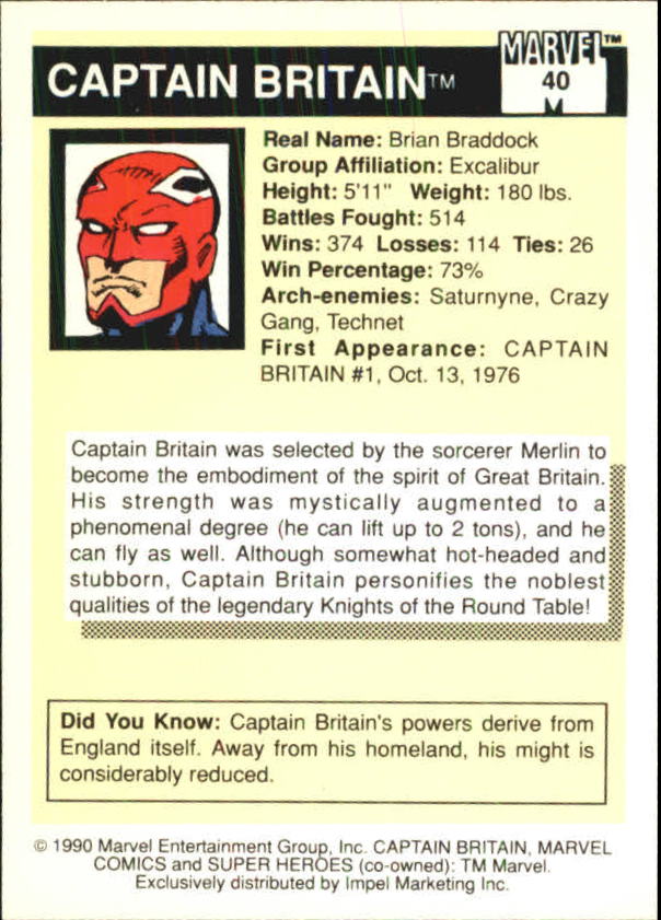 1990 Impel Marvel Universe I #40 Captain Britain back image