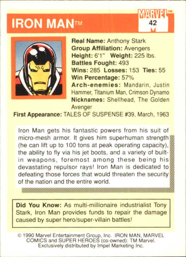 1990 Impel Marvel Universe I #42 Iron Man back image