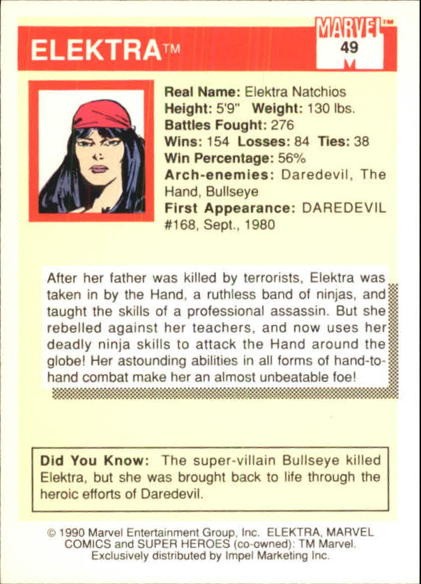1990 Impel Marvel Universe I #49 Elektra back image