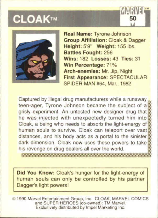 1990 Impel Marvel Universe I #50 Cloak back image