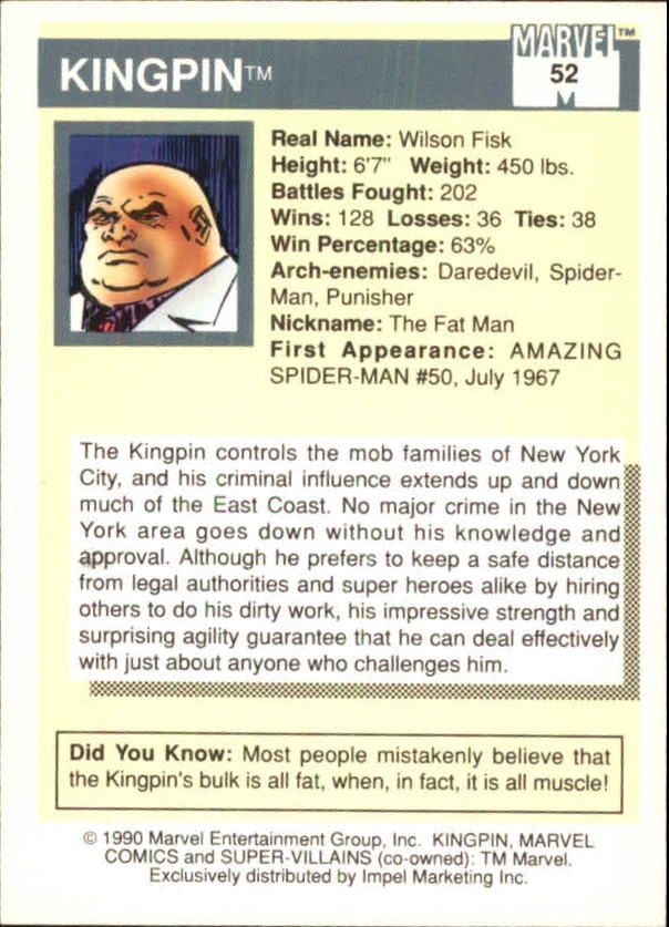 1990 Impel Marvel Universe I #52 Kingpin back image