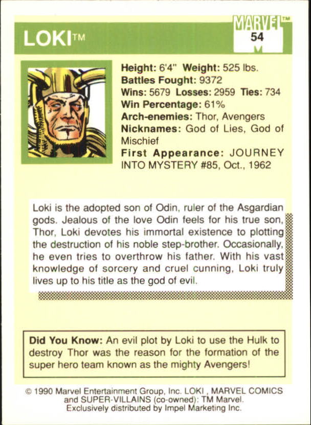 1990 Impel Marvel Universe I #54 Loki back image