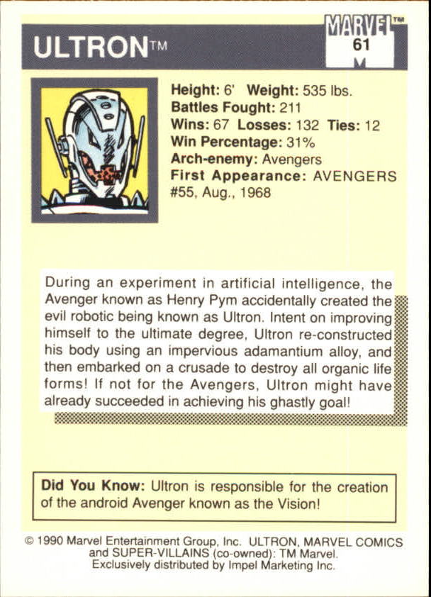 1990 Impel Marvel Universe I #61 Ultron back image