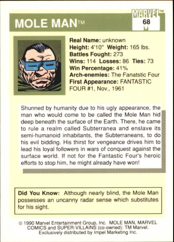 1990 Impel Marvel Universe I #68 Mole Man back image