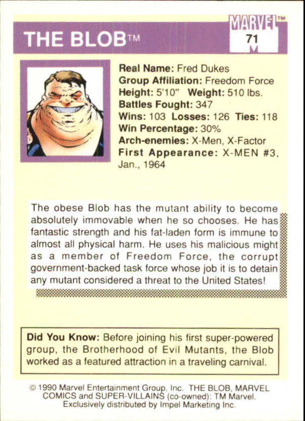 1990 Impel Marvel Universe I #71 Blob back image
