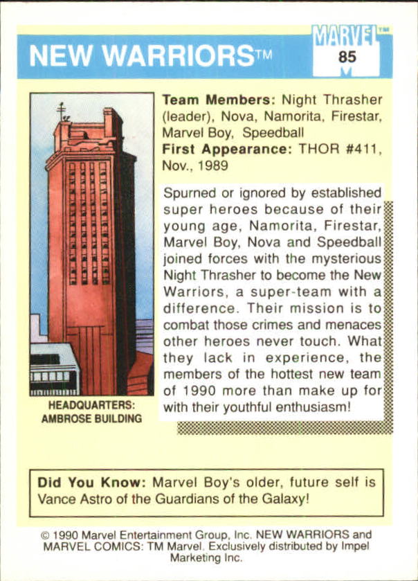 1990 Impel Marvel Universe I #85 New Warriors back image