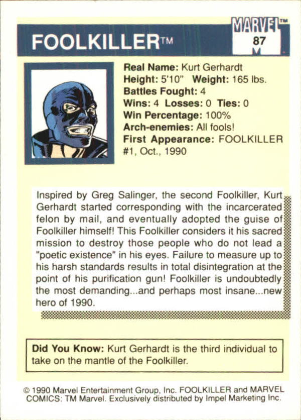 1990 Impel Marvel Universe I #87 Foolkiller back image