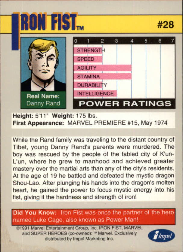 1991 Impel Marvel Universe II #28 Iron Fist back image