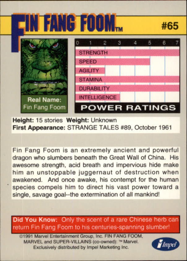 1991 Impel Marvel Universe II #65 Fin Fang Foom back image