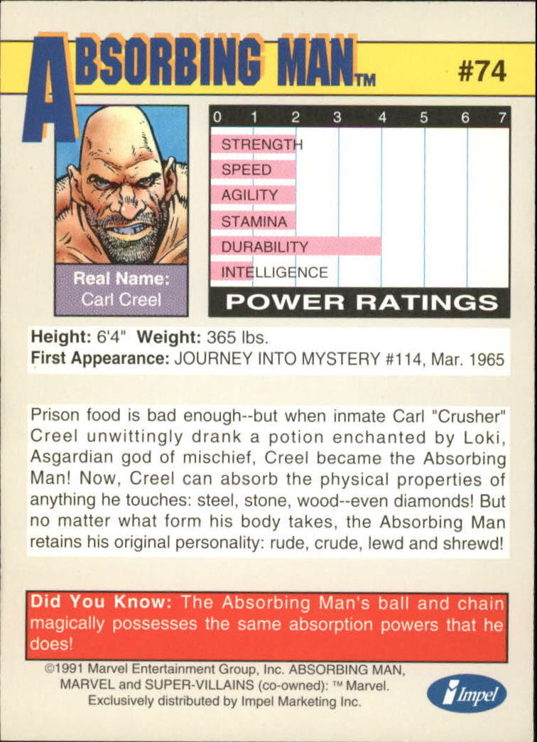 1991 Impel Marvel Universe II #74 Absorbing Man back image
