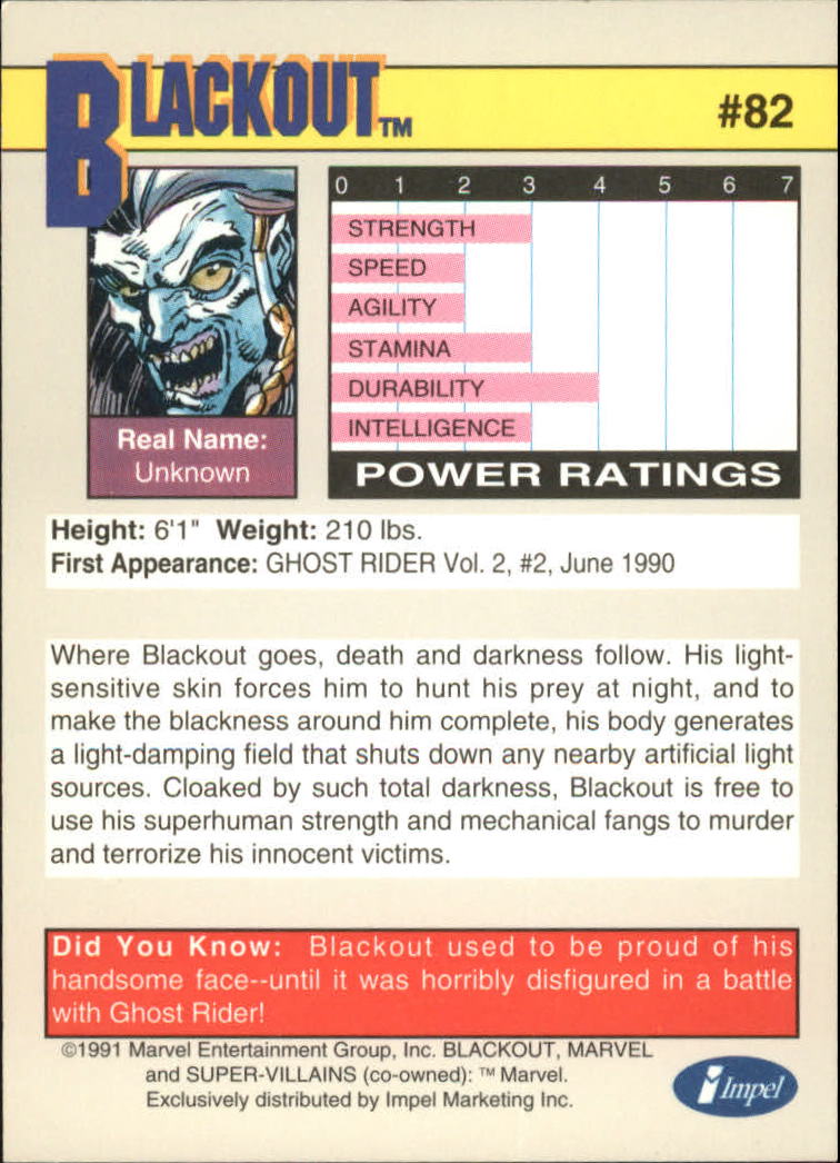 BLACKOUT Impel 1991 BASE Trading Card #82 Marvel Universe Series 2 