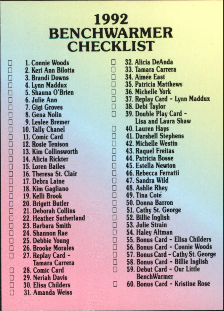 1992 Bench Warmer #120 Checklist back image