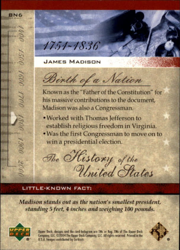 2004 Upper Deck History of the United States #BN6 James Madison back image