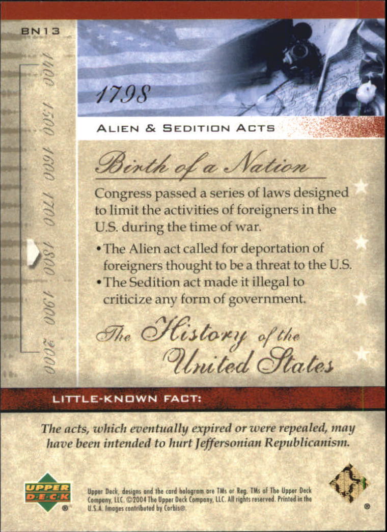 2004 Upper Deck History of the United States #BN13 Alien & Sedition Acts back image