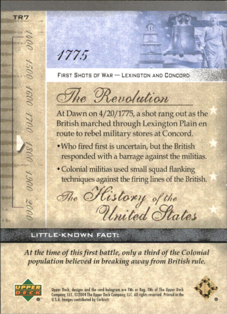 2004 Upper Deck History of the United States #TR7 First Shots of War/Lexington and Concord back image
