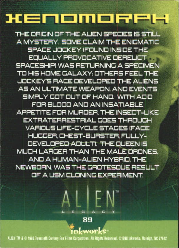 1998 Inkworks Alien Legacy #89 Xenomorph back image