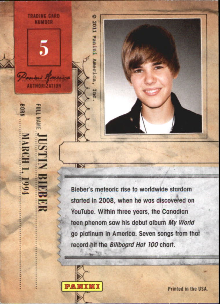 2011 Panini Americana Retail #5 Justin Bieber back image