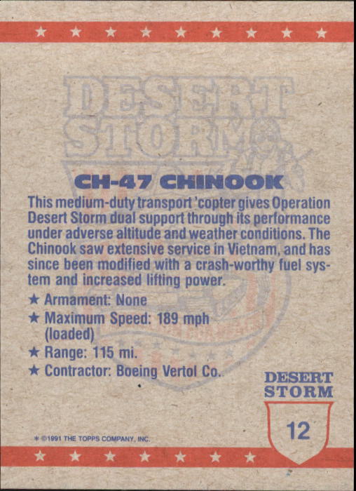 1991 Topps Desert Storm #12 CH-47 Chinook back image