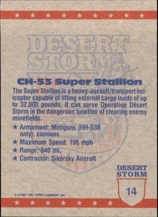 1991 Topps Desert Storm #14 CH-53 Super Stallion back image