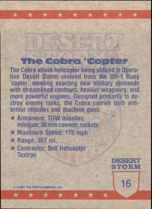 1991 Topps Desert Storm #16 Cobra 'Copter back image