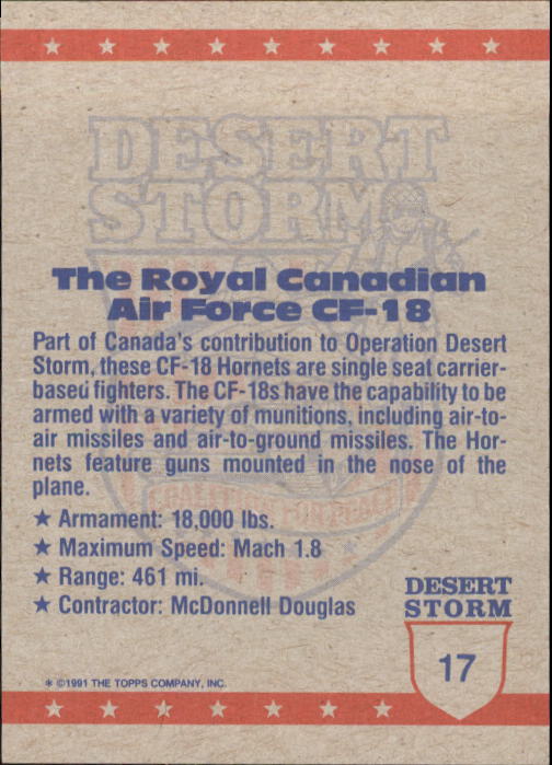 1991 Topps Desert Storm #17 Canadian Air Force CF-18 back image