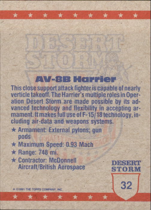 1991 Topps Desert Storm #32 The Amazing AV-8B Harrier back image