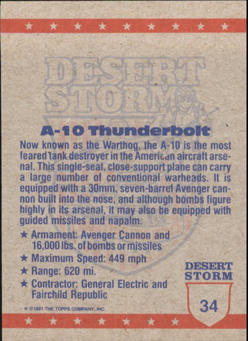 1991 Topps Desert Storm #34 A-10s in Formation back image