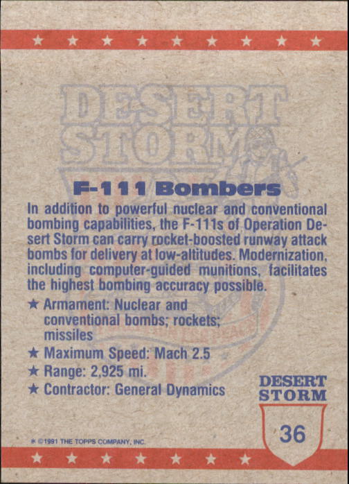 1991 Topps Desert Storm #36 F-111 Bombers back image