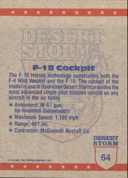 1991 Topps Desert Storm #64 F-18 Cockpit back image
