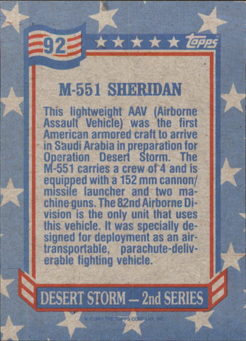 1991 Topps Desert Storm #92 M-551 Sheridan back image