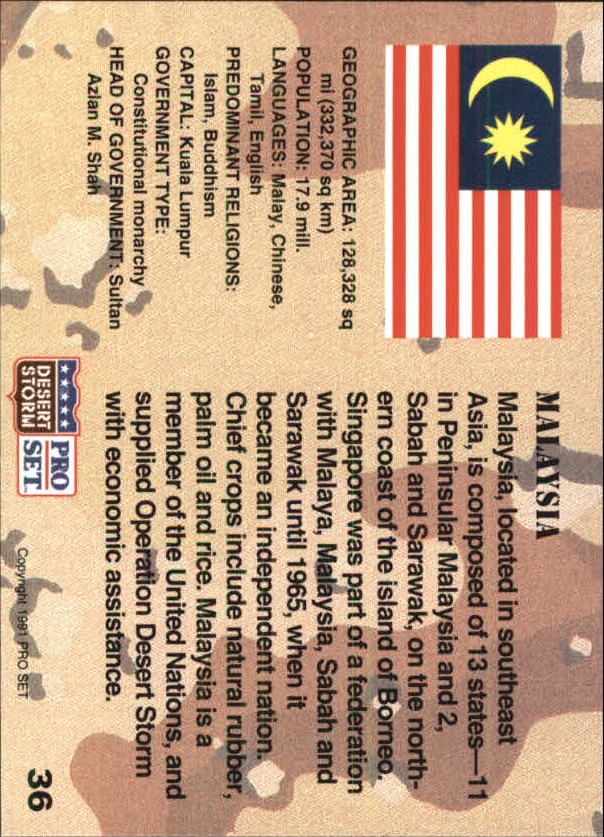 1991 Pro Set Desert Storm #36 Malaysia back image