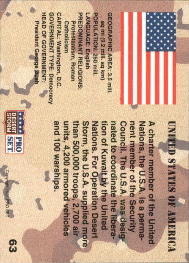 1991 Pro Set Desert Storm #63 United States of America back image