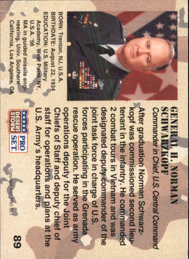 1991 Pro Set Desert Storm #89 General H. Normah Schwarzkopf/Commander in Chief, U.S. Central Command back image