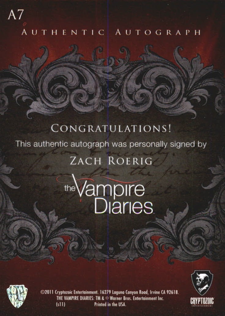 2011 Cryptozoic The Vampire Diaries Season One Autographs #A7 Zach Roerig back image