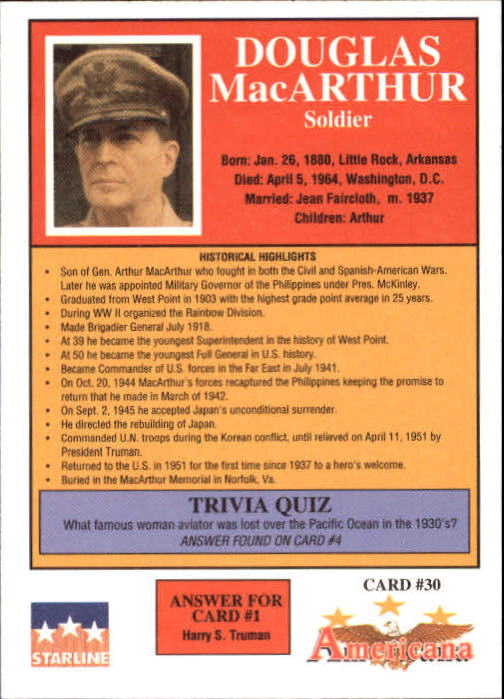 1992 Starline Americana #30 Douglas MacArthur back image