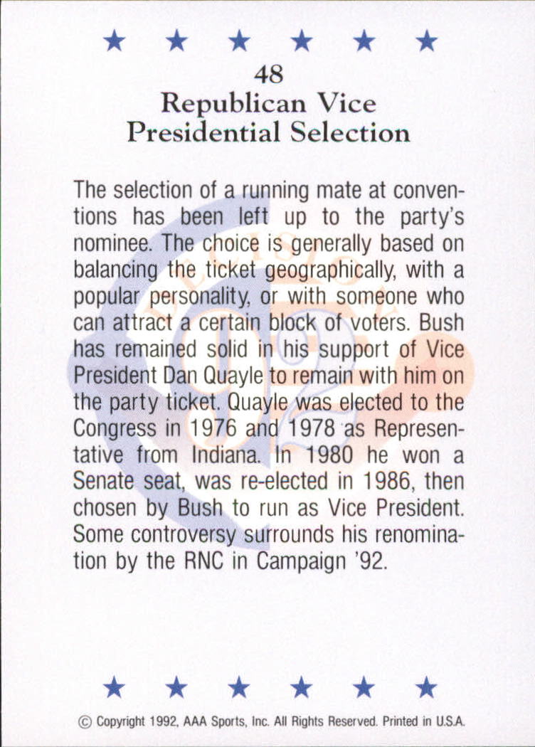 1992 Wild Card Decision '92 #48 Republican VP Selection back image