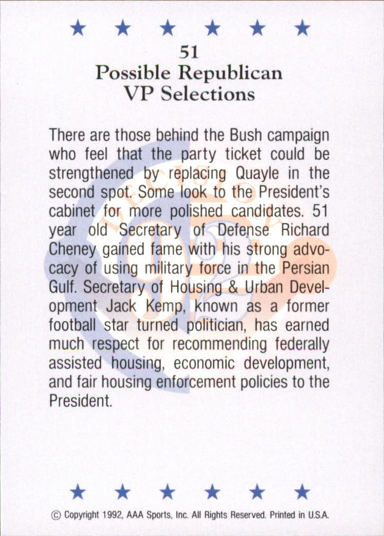 1992 Wild Card Decision '92 #51 Possible Republican VP Selections back image