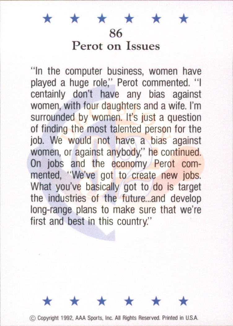 1992 Wild Card Decision '92 #86 Perot on Issues back image