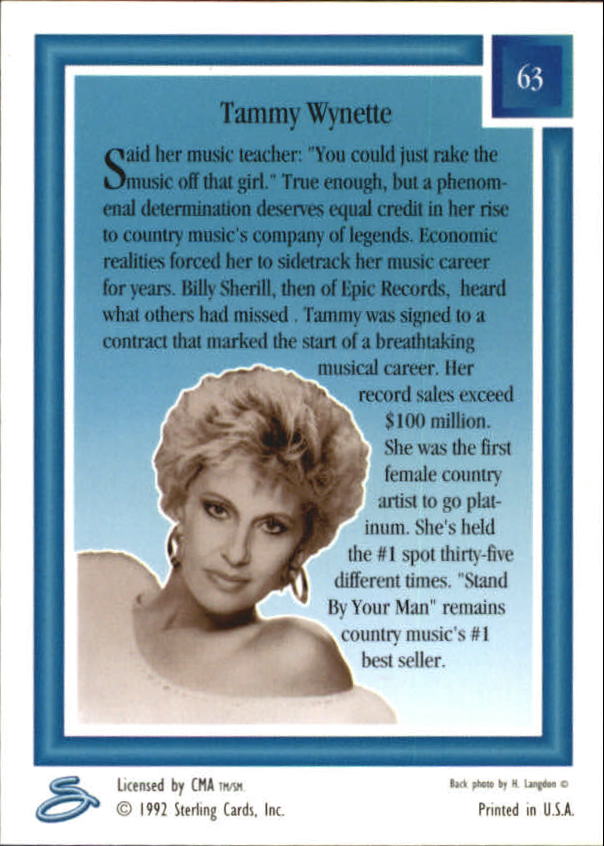 1992 Sterling Country Gold #63 Tammy Wynette back image