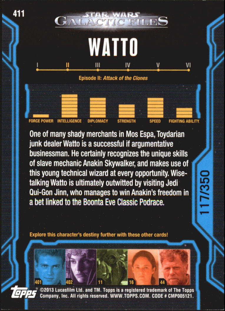 2013 Topps Star Wars Galactic Files 2 Blue Foil #411 Watto back image