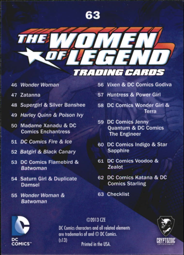 2013 Cryptozoic DC Comics Women of Legend #63 Checklist back image