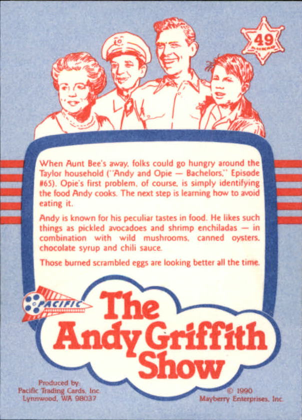 1990-91 Pacific Andy Griffith Show Complete Series #49 Opie Reacts to Andy's Blackened Eggs back image