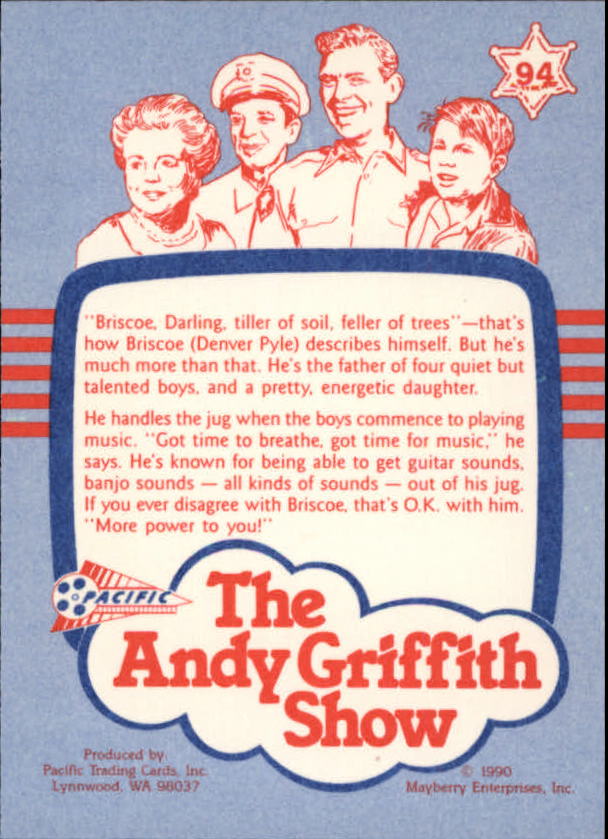 1990-91 Pacific Andy Griffith Show Complete Series #94 Briscoe Darling back image