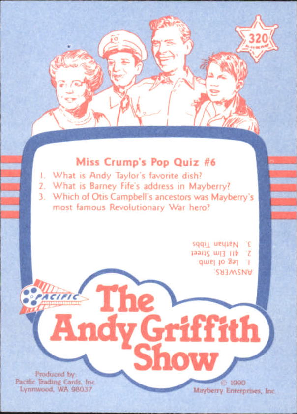 Andy Griffith Show Series Three (1991 Pacific) "Main Set" Cards #221 to #330