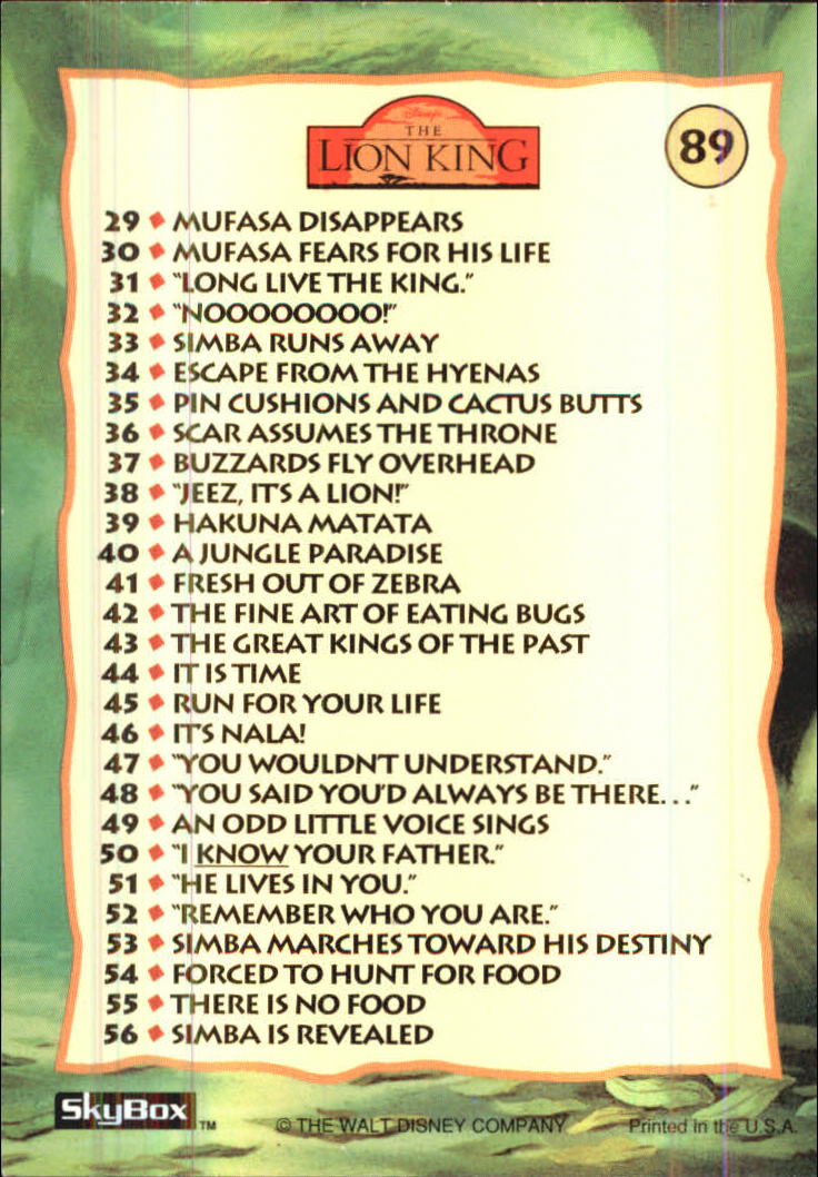 The Lion King (1994 Skybox) "Main Set" Cards #1 to #170 - Picture 179 of 339