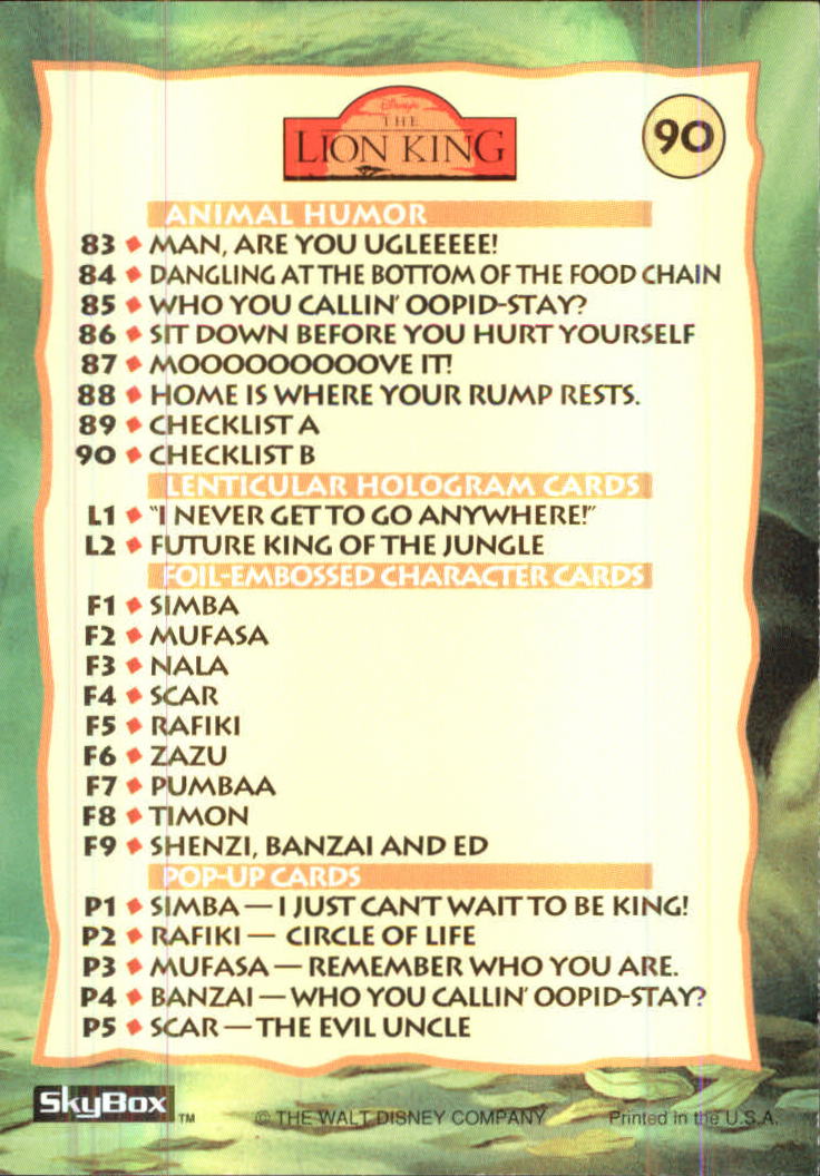 The Lion King (1994 Skybox) "Main Set" Cards #1 to #170 - Picture 181 of 339