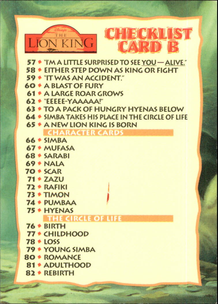 The Lion King (1994 Skybox) "Main Set" Cards #1 to #170 - Picture 180 of 339